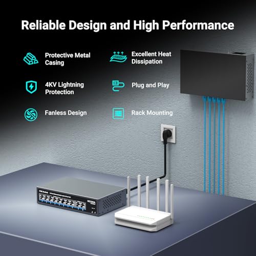 Image of 8 Port PoE Switch with 8 Ports 100Mbps PoE+@120W + 2 * Gigabit Uplink Port, NICGIGA 10 Port 802.3af /at Power Over Ethernet Network Switch Unmanaged, VLAN and 250m Extender Mode, Fanless.