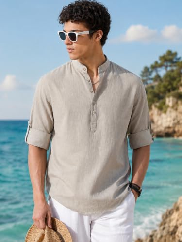 Image of Majestic Man Men's Pure Cotton Solid Mandarin Collar Slim Fit Roll-Up Sleeves Short Kurta Lightweight Summer Kurta for Daily & Occasion Use