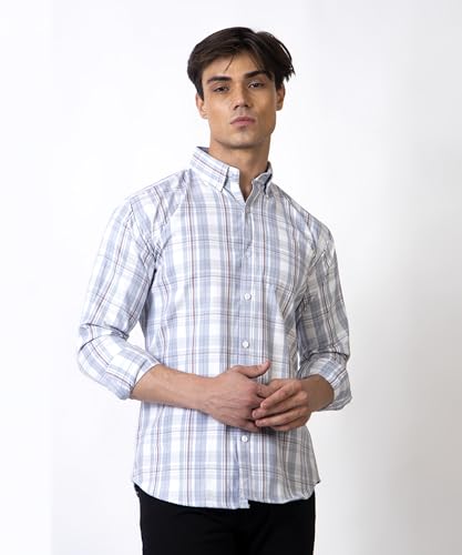 Image of TrapNation Men Regular Fit Checkered Full Sleeves Button Down Collar Casual Shirt (in, Alpha, S, Regular, Grey)