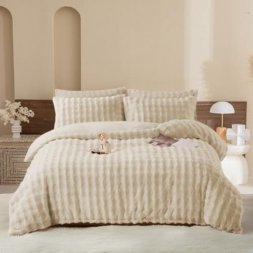 YASMENG Plüsch Bettwäsche 200x220 Winter Warm Beige Langhaar Bettwäsche Winter Super Weich Flauschig Kaninchenfellimitat Bettbezug Set… – Ansicht 2