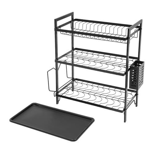 BZYFJB Escurreplatos de 3 niveles, con bandeja de goteo y gancho. Escurreplatos negro para cocina (3 niveles, con bandeja de goteo y gancho)