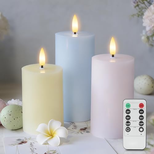 Image of Flameless Easter Candles with Remote, Battery Operated Pastel Spring Candles for Home & Table Decor, Realistic Flickering LED Pillar Candles for Easter & Spring Decor Set of 3