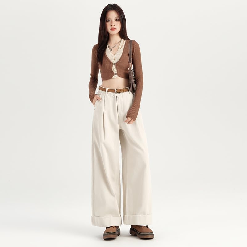 French Straight-Leg High-Waisted Wide-Leg Jeans for Women,Autumn