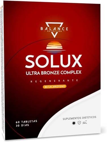 SOLUX® | Betacaroteno | Acelerador Bronceado, con 10 ingredientes activos que incluyen Licopeno, Tirosina, Caléndula, Moringa Oleifera, Vitamina C, E, B2, Selenio | 60 Tabletas
