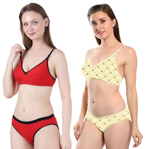 Image of Solid Printed Polka Cotton Bra & Panty Lingerie Set Combo for Women S to 3XL