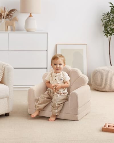 Image of Blissful Diary Foldable Kids Couch, 2-in-1 Kids Sofa Chair, Beige Shell | 50.8 inch Fold-Out Play Area, Supportive Foam, Washable Cover, Carry Handle, Pre-Assembled, Kid-Safe Zipper