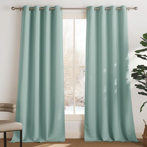 PONY DANCE Cortinas Opacas Termicas Aislantes Frio y Calor 2 Piezas para Habitacion Matrimonio Salon Dormitorio con Ojales, 140X245 cm, Verde Claro