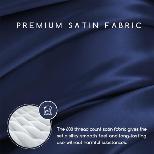 Image of MR&HM Satin Bed Sheets, King Size Sheets Set, 6 Pcs Silky Bedding Set with 15 Inches Deep Pocket for Mattress (King, Navy Blue)