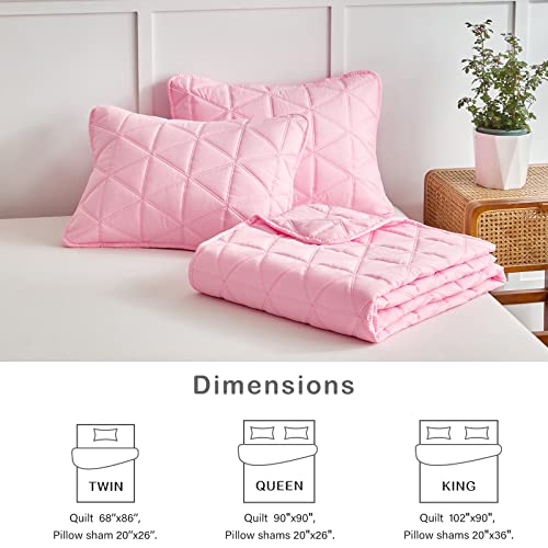 Pink Quilt Set King Size 3 Pieces (1 Quilt And 2 Pillow Shams) , Classic Soild Color Geometric Triangle Stitched Pattern Quilted Bedspread Coverlet Set, Lightweight And Soft Bed Cover For All Season #TOP6