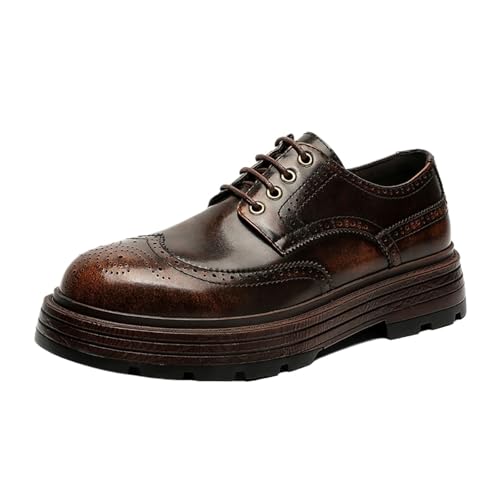 Men's Platform Chunky Dress Shoes Color Rubbing Genuine Leather Wingtip Oxfords Classic Round Toe Lace-up Lug Sole Shoes， Casual Comfortable Business Work Shoes