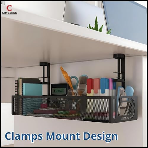 Image of Crysendo Under Desk Cable Management Tray | Mesh Desk Cord Organizer, Computer Cable Rack for Office | 15 inch Metal Cable Tray with Adjustable Clamp for Home (Black) (Free Spiral Included)