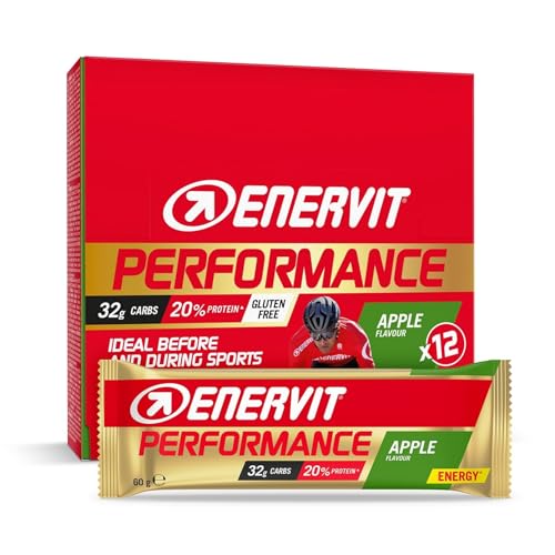 Enervit, Performance Bar Apple, Barrette Energetiche, 32g di Carboidrati, 20% di Proteine, Gusto Mela, Per Attività Sportiva di Lunga Durata ed Endurance, Senza Glutine, 12 Barrette da 60g