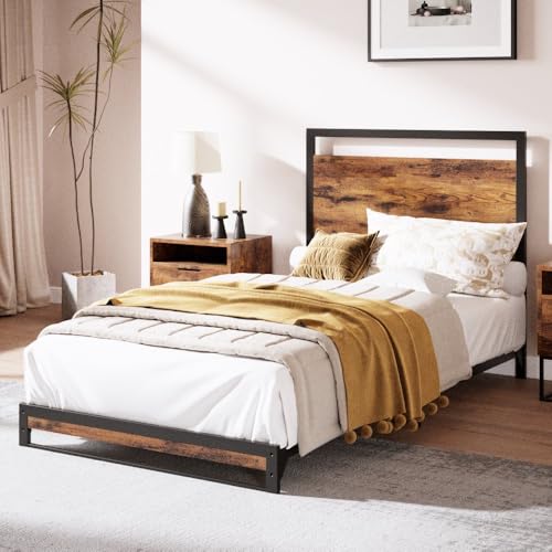 coucheta 6 Inch Twin Metal Platform Bed Frame with Wooden Headboard and Footboard, No Box Spring Needed, Easy Assembly, Rustic Brown