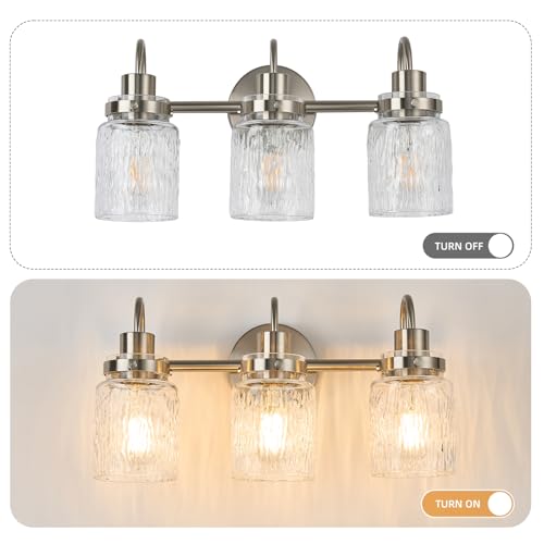 Image of 3 Lights Hammered Glass Bathroom Vanity Light,Brushed Nickel | Easy Installation,Up or Down,Farmhouse Modern Style,E26 Socket,ETL Certification