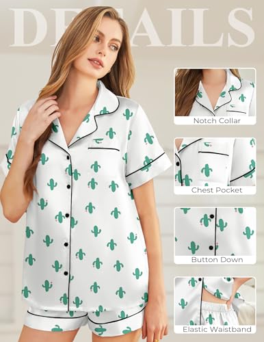 Image of Silk Pajamas for Women Short Sleeve Sleepwear Soft Button Down Loungewear 2 Piece Satin Pjs Shorts Set S-XXL