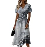 Vestido de Verano Mujer 2026 Elegante - Vestido Corto de Fiesta con Cuello en V, Manga Corta y Estampado Floral para Playa, Boda como Invitada o Ocasiones Especiales(4-Gris Claro,S)