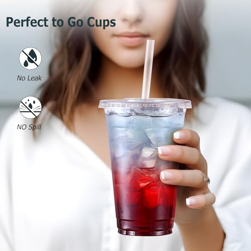 image for AOZITA 100 Pack - 24 oz Clear Plastic Cups with Lids and Straws, Sturd