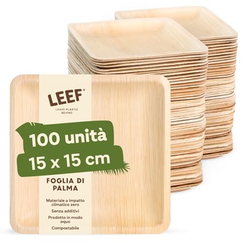 Leef 100x Piatti Quadrati in Foglia di Palma – Stoviglie monouso compostabili e naturali – 15 x 15 cm – ecologici – Piatti per feste