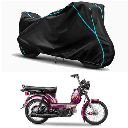 Image of Waterproof Bike Body Cover Compatible for | TVS XL100 Heavy Duty i Touch | Taffeta Fabric, Sky Piping Design, Bottom Elastic Fit | Dustproof, Sun UV & Rain Protection for All Weather.