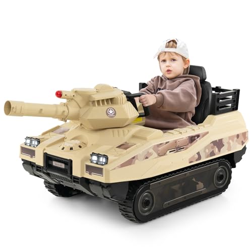 Costzon Kids Ride On Tank, 12V 12AH Battery Powered Toy Tank w/Rubber Tracks, Rotatable Turret & Working Cannon, Music, Wireless Design, 8 Missiles, Kids Ride on Car, Gift for Kids Aged 37-95 Months