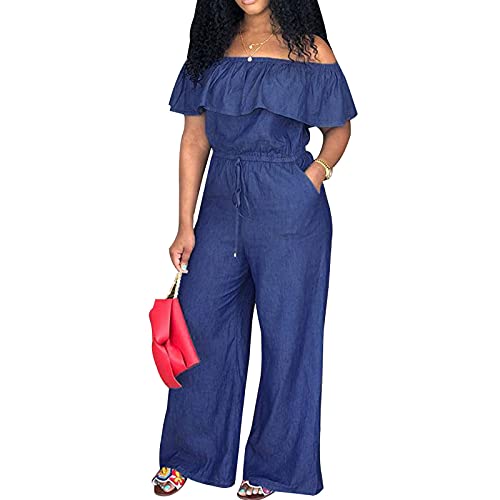 Qtinghua Mono de Mezclilla para Mujer, Mamelucos con Volantes y Hombros Descubiertos, Pantalones Vaqueros Casuales, Mono con Bolsillos de Talla Grande (Blue, 3X-Large) Cover