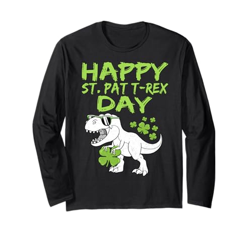 Happy St Pat Trex Day Dinosaur St Patricks Day Toddler Boys Manga Larga