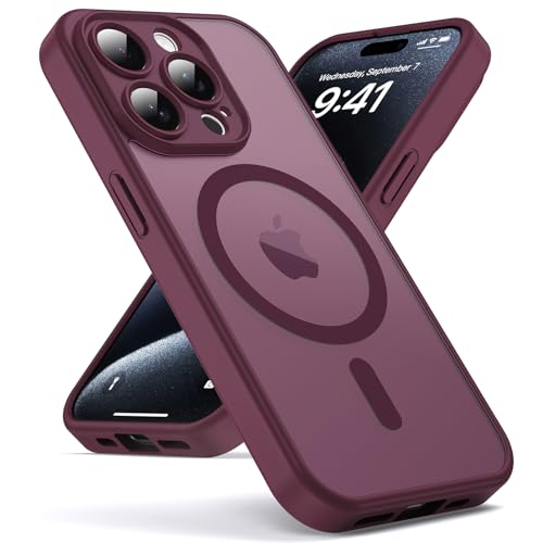 Oududianzi-Coque pour iPhone 15 Pro Compatible avec MagSafe Magnétique, Housse de Arrière Translucide Givrée PC, TPU Silicone Bumper Étui Protection Antichoc Militaire Anti-Empreintes-Bordeaux