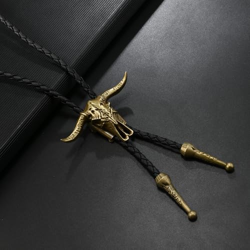 Image of Joxevyia Bolo Tie for Men Vintage Cow Skull Leather Rope Western Cowboy Necktie Vintage Bola Tie Gift for Him
