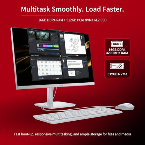 Image of Lenovo 23.8 inch FHD IPS all-in-one desktop computer, Intel N100, 16GB RAM, 512GB SSD, Wi-Fi 6, Windows 11 Pro, white