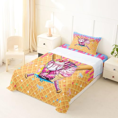 Image of Castle Fairy Baseball Cream Bed Sheets Twin Size,Ball Dessert Cherry Plaid Easy Wash Bedding Set,Kawaii Sport Game Kids Room Decor,Pink Bule Yellow Sheet(Fitted+Flat+1 Pillowcase)