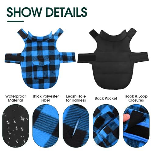 Kuoser Dog Winter Coat, Windproof Dog Fleece Jacket British Style Plaid Cold Weather Doggie Vest Coats, Reversible Cozy Warm Puppy Clothes Pet Apparel for Small Dogs S