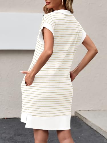 Image of Wenrine Womens Striped Mini Dress Casual Zipper Cap Sleeve Collared V Neck Loose Knit Summer Dresses