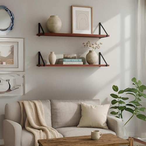 Image of Amazon Brand - Solimo Bookshelf for Wall with Metal Brackets | Home Decorative Wall Shelf | Wall Hanging Shelf for Books, Living Room, Bedroom, Study Room | Coachwood Yellow | Pack of 2 | 60 x 20 CM