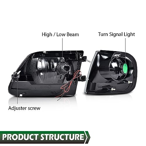 Image of GRAND ORANGE Lightning Style Headlights Assembly LED DRL strip Compatible with 1997-2002 Ford Expedition /1997-2004 F150 /1997-1999 F250 Headlamps Smoke Lens Black Housing Amber Reflector