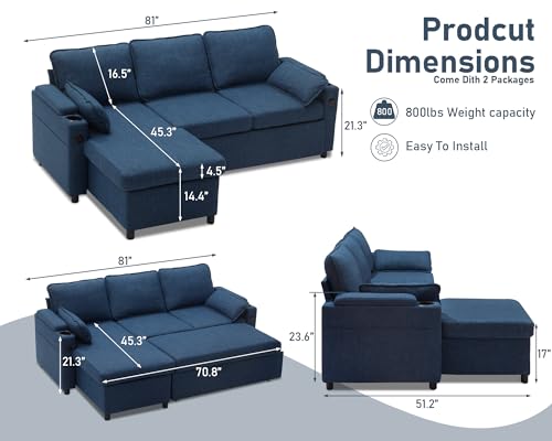 DURASPACE Sofa Bed Sleeper Pull Out 2 in 1 Sectional Sleeper Sofa Couches with Storage,USB, Cup Holder,Pullout Sectional Couches for Apartment Living Room (Blue Linen) - Image 3