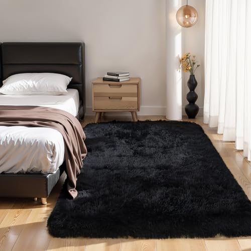 KCHOWUA Black Fluffy Rug 4x6 - Ultra Soft Washable Shaggy