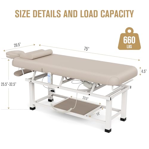 Image of pouseayar Heavy Duty Electric Stationary Massage Table with Backrest Adjustable and Storage Space for Treatment /Medical Spa /Facial /Beauty /Massage Bed and More - 30 x 75 - Beige Gray