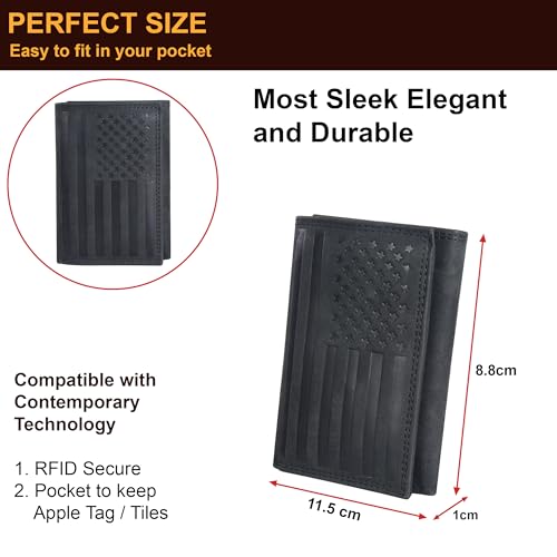 Image of ASAD Leather Slim Everyday Trifold Wallet with ID Window and Multiple Card Slots | Genuine Leather Double Stitched RFID Blocking Stylish | Gift for Him | Black Crazy Horse American Flag Design