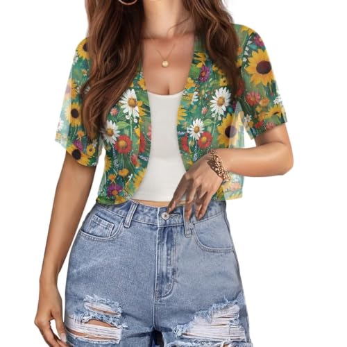 Image of Womens Short Sleeve Cardigans Lightweight Summer Cardigan Trendy Bolero Shrug Cute Floral Cardigan Sheer Bolero