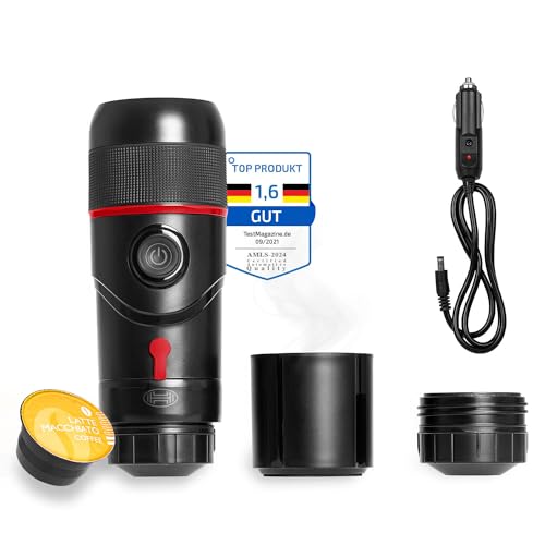 HEYNER® Espressomaschine Reisekaffemaschine – 12 V, für Kaffeekapseln und Pulver, 60‑ml Wassertank, Start‑/Stopp‑Automatik, passend für Cupholder, inkl. 12‑V‑Kabel