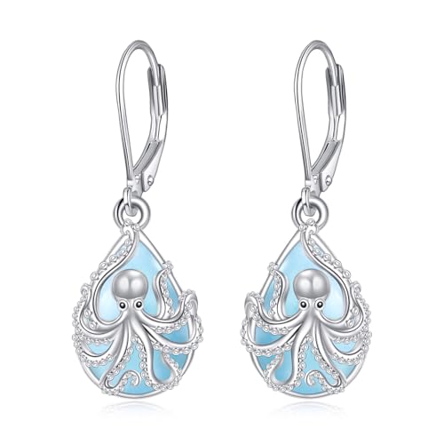 URONE Octopus Earrings 925 Sterling Silver Larimar Octopus Dangle Drop Earrings Ocean Jewelry Gifts for Women