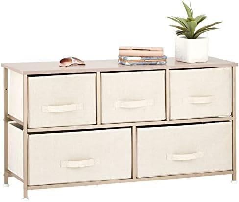 mDesign 21.65" High Steel Frame/Wood Top Storage Dresser Furniture Unit with 5 Removable Fabric Drawers - Wide Bureau Organizer for Bedroom, Living Room, Closet - Lido Collection, Cream/Gold