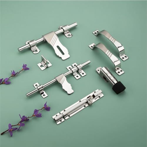 Image of COMPASS Flower Stainless Steel Heavy Single Door Fitting Accessories Full Set /Kit (1 Aldrop, 1 Latch, 2 Handles, 1 Tower Bolt and 1 Door Stopper | 10 inch | SS Finish