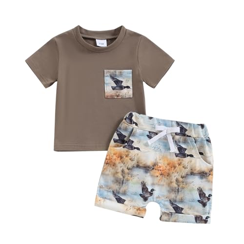 Image of Rtnnsbbfcm Toddler Baby Boy Hunting Outfit Mallard Duck Print Short Sleeve Pocket T-shirt Top Shorts Set Summer Clothes