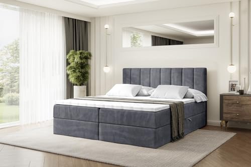 ALTDECOR Boxspringbett mit Matratze und Lattenrost, Boxbett, Topper, Polsterbett mit Bettkasten, Bett mit Stauraum H4-Matratze, Doppelbett, Springboxbett OTTA - 180x200 - Dunkelgrau Samt