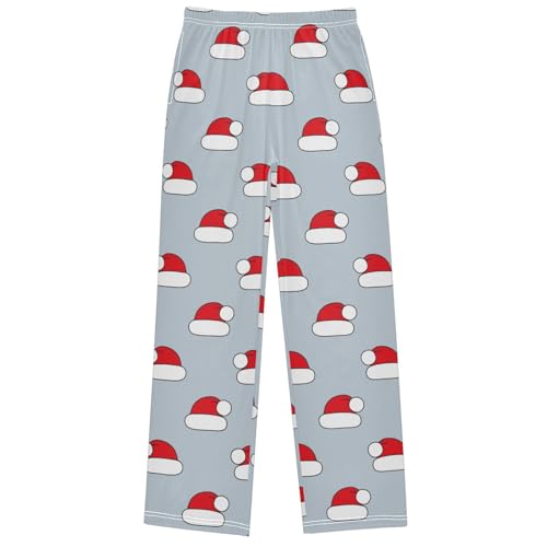 Boy's Pants Red Christmas Hats on Grey Jogger Pants Elastic Waist Long Bottoms Trousers with Pockets 6-14 Years
