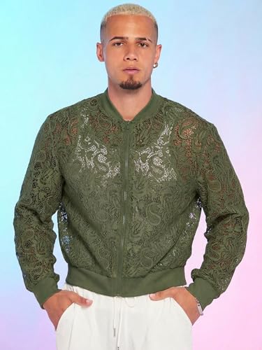 Image of WDIRARA Men's Floral Lace Bomber Jackets Long Sleeve See Through Outerwear | Zip Up Coats, Sexy, Sheer, Party, Concert Outfit