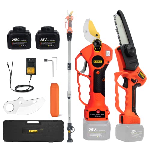 T TOVIA Cordless Electric Pruner Kit, 1.6 Inch Pruning Shears and 5 Inch Handheld Electric Chain Saw with 75 Inch Foldable Extension Pole, 2 Pack 25V Lithium Batteries, SK5 Blades