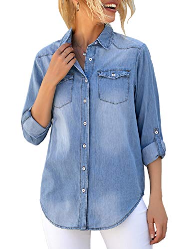 LookbookStore Women's Long Sleeve Collared Shirt Button Down Denim Blouse Tops Light Blue Size Medium