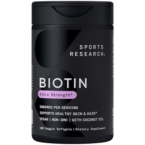 Sports Research® Biotin 5,000mcg with Organic Coconut Oil - Biotin (Vitamin B7) for Healthy Skin and Hair Support* - for Women and Men - Vegan, Non-GMO, Gluten & Soy-Free - 120 Veggie Softgels